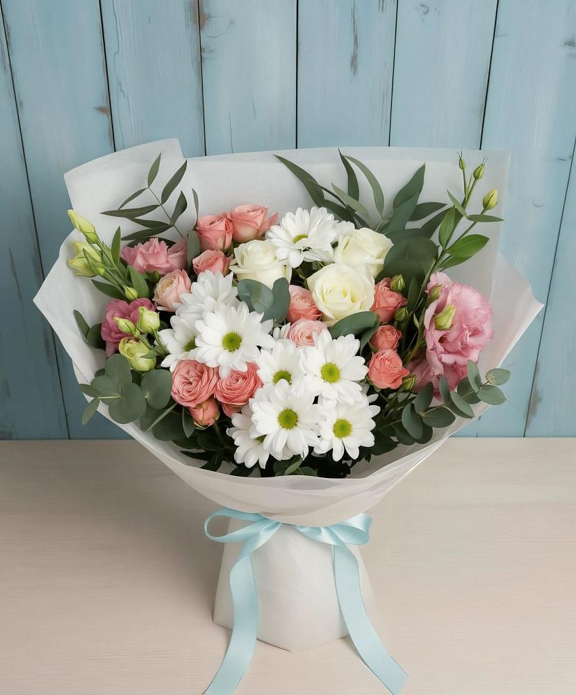 Букет цветов из: Розы, Лизиантусы и Хризантемы в Едрово