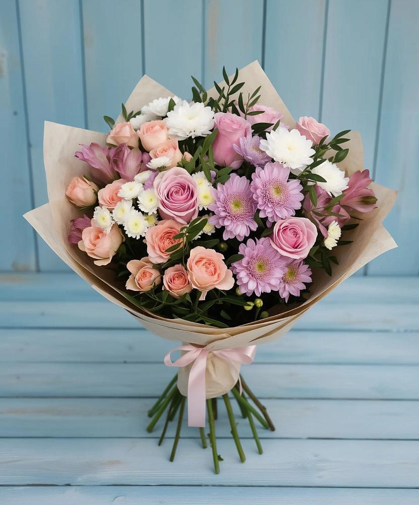 Букет цветов из: Хризантемы, Розы и Альстромерии в Едрово