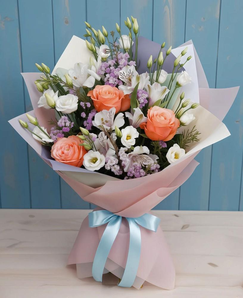 Букет цветов из: Лизиантусы, Розы, Альстромерии и Гипсофила в Едрово