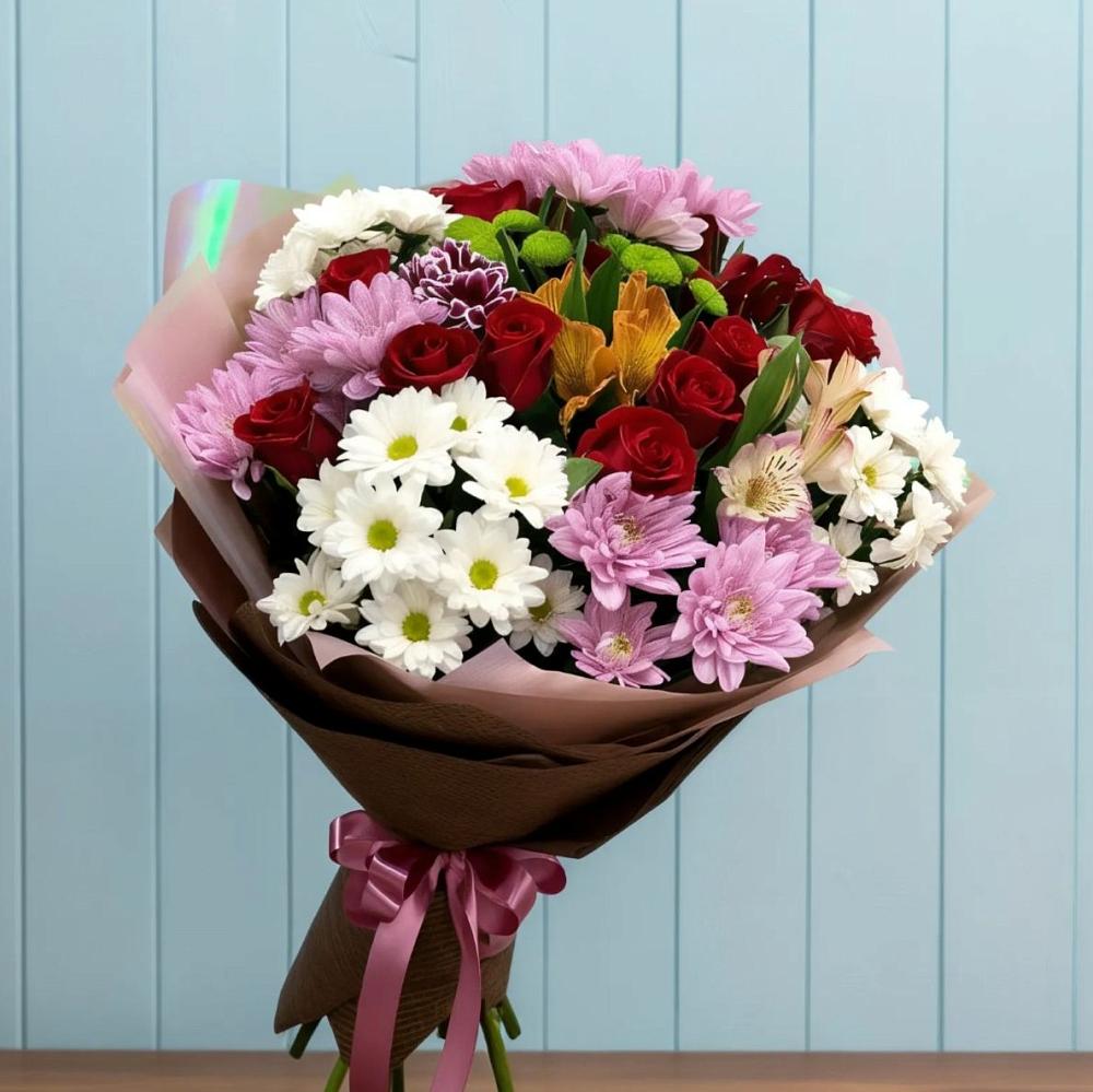 Букет цветов из: Розы, Хризантемы и Альстромерии в Едрово